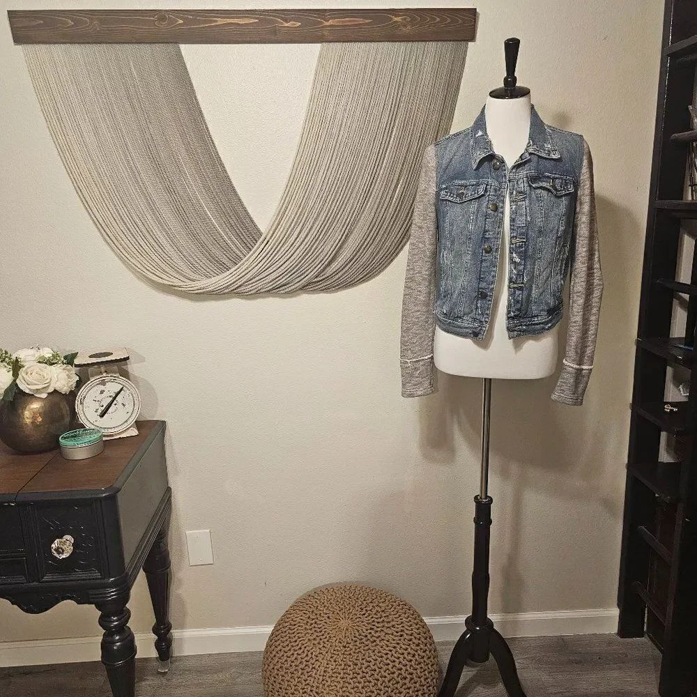 Free People Distressed Denim Jacket w/ Jersey Sleeves Sz S